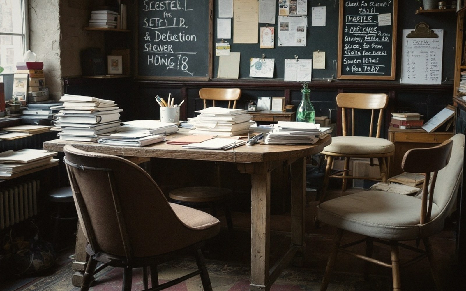 Wooden table stacked with papers and books surrounded by mismatched chairs and chalkboards
