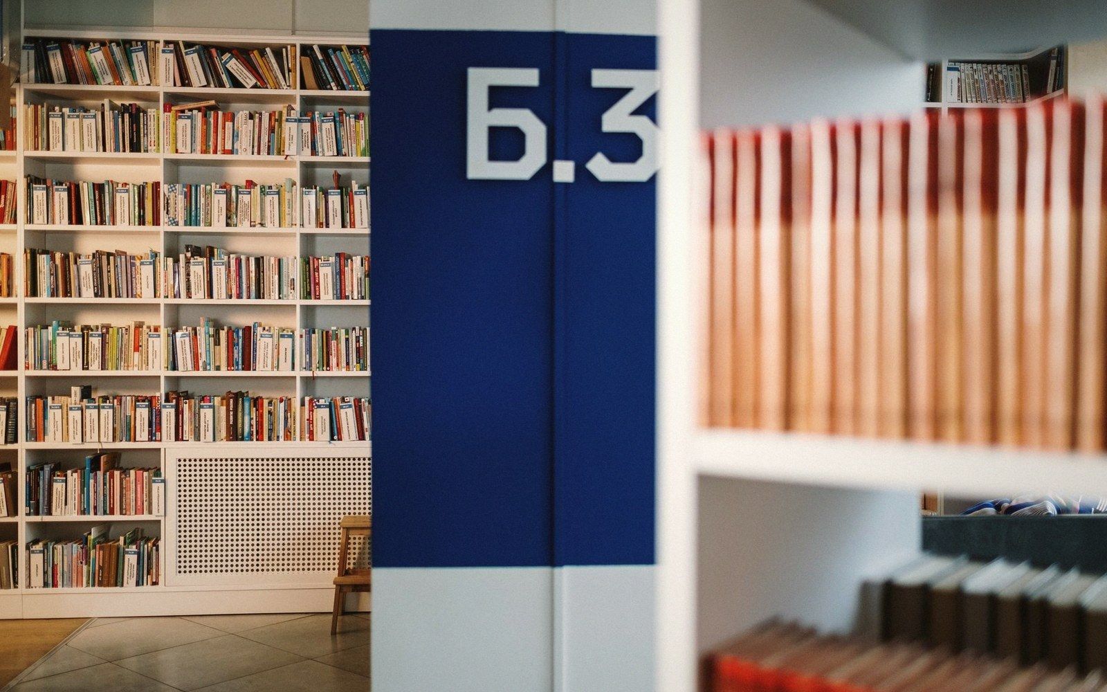 Library shelves full of books flank a blue column marked with a section label