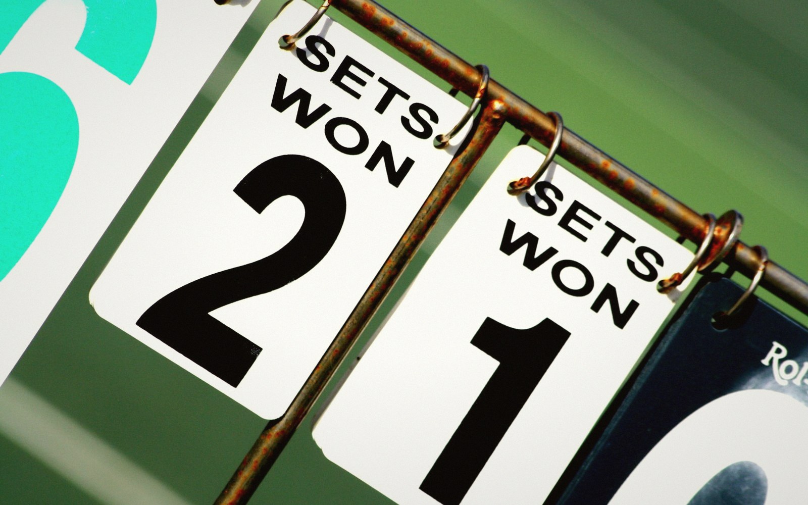 Tennis scoreboard flip cards showing sets won, two to one